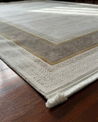 Verona Thick Frame Patterned Machine Made Carpet Beige