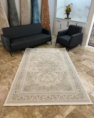 Ahlat Series Traditional Aged Patterned Machine Made Carpet Cream