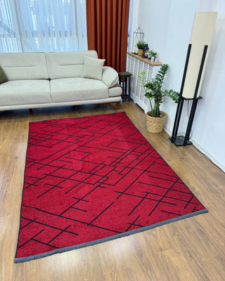 Multi Chenille Stripe Patterned Carpet Red